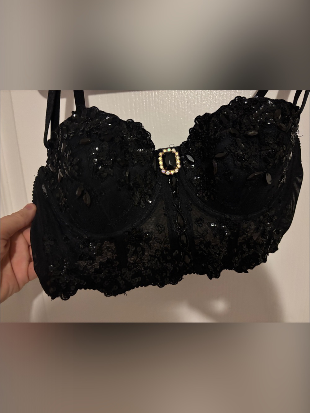 Marciano Black Embellished Lace Bustier Bra with Jewel Accent